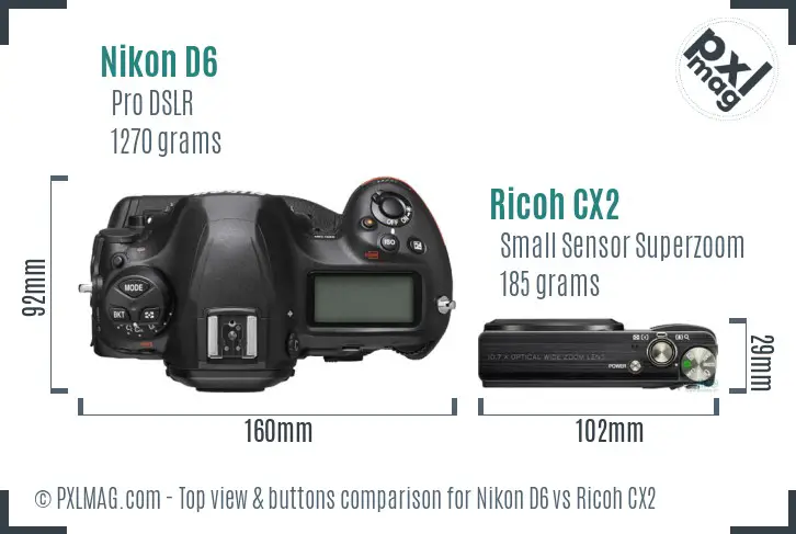Nikon D6 vs Ricoh CX2 top view buttons comparison Nikon D6 vs Ricoh CX2 top view buttons comparison