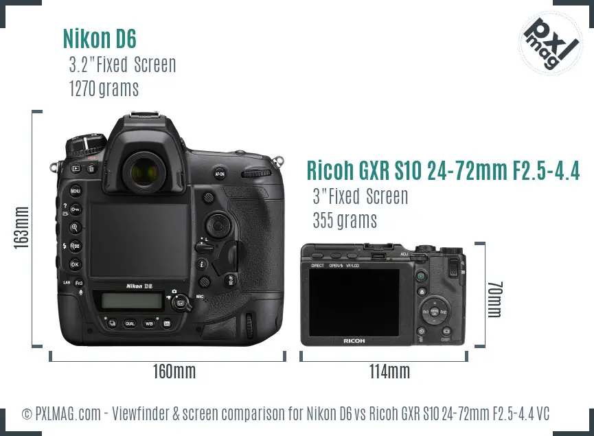Nikon D6 vs Ricoh GXR S10 24-72mm F2.5-4.4 VC Screen and Viewfinder comparison