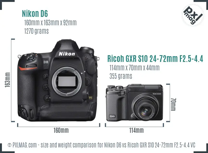 Nikon D6 vs Ricoh GXR S10 24-72mm F2.5-4.4 VC size comparison