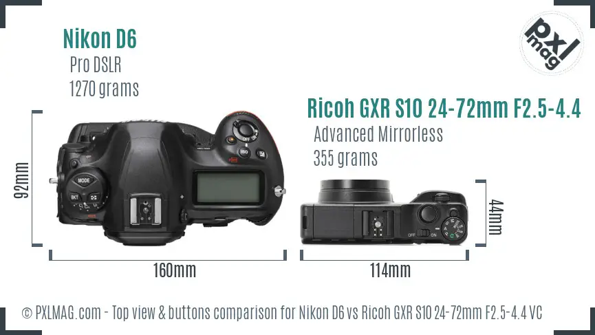 Nikon D6 vs Ricoh GXR S10 24-72mm F2.5-4.4 VC top view buttons comparison