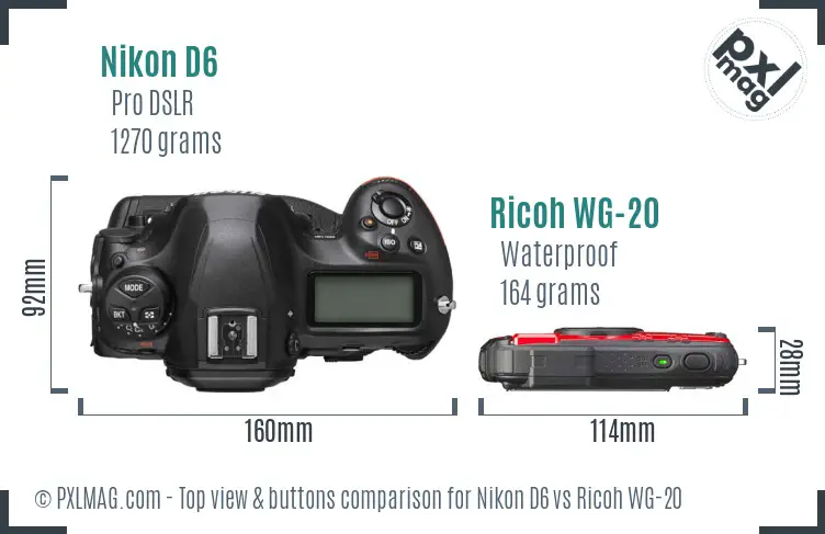 Nikon D6 vs Ricoh WG-20 top view buttons comparison