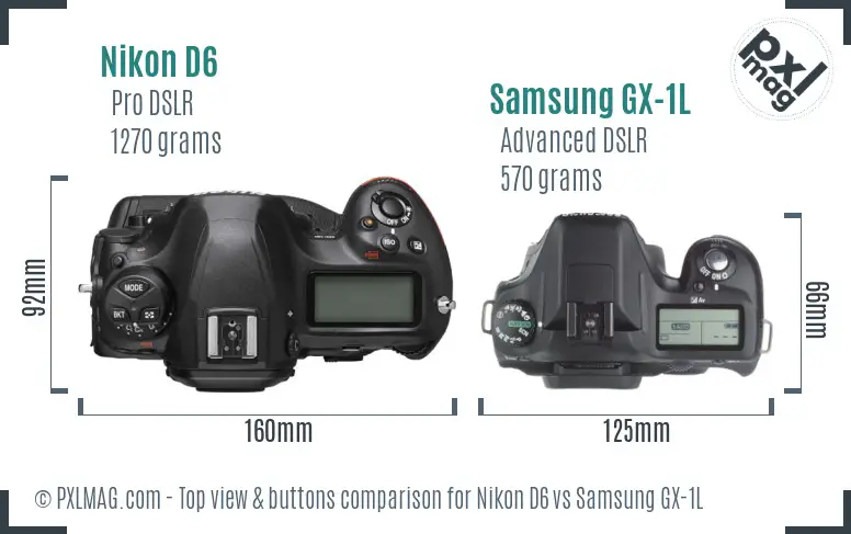 Nikon D6 vs Samsung GX-1L top view buttons comparison Nikon D6 vs Samsung GX-1L top view buttons comparison
