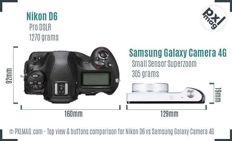 Nikon D6 vs Samsung Galaxy Camera 4G top view buttons comparison Nikon D6 vs Samsung Galaxy Camera 4G top view buttons comparison