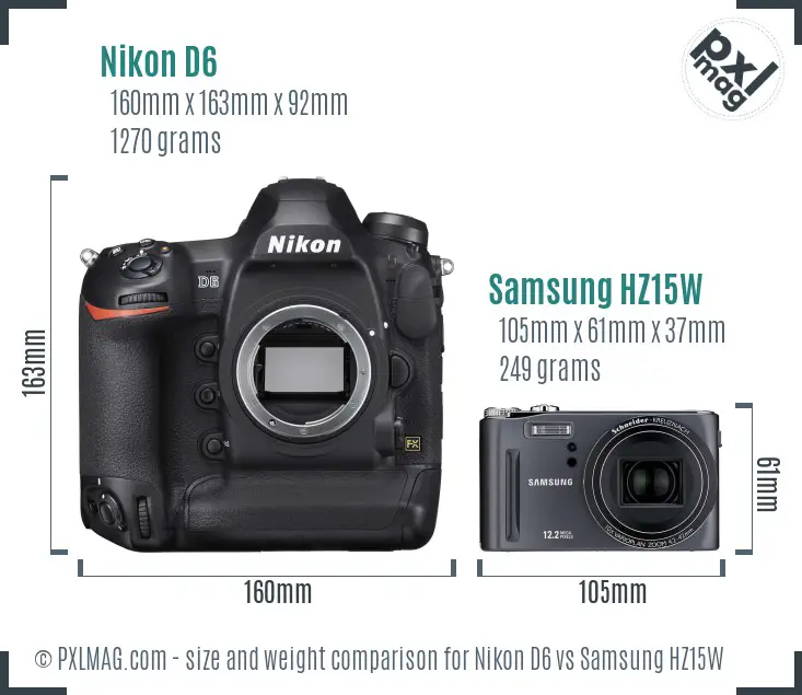 Nikon D6 vs Samsung HZ15W size comparison