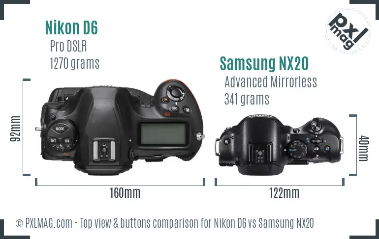 Nikon D6 vs Samsung NX20 top view buttons comparison Nikon D6 vs Samsung NX20 top view buttons comparison