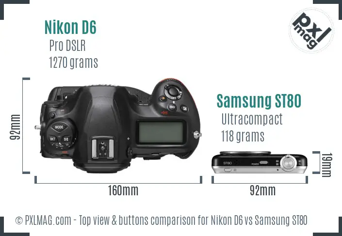 Nikon D6 vs Samsung ST80 top view buttons comparison Nikon D6 vs Samsung ST80 top view buttons comparison
