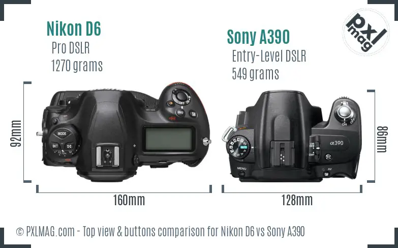Nikon D6 vs Sony A390 top view buttons comparison Nikon D6 vs Sony A390 top view buttons comparison