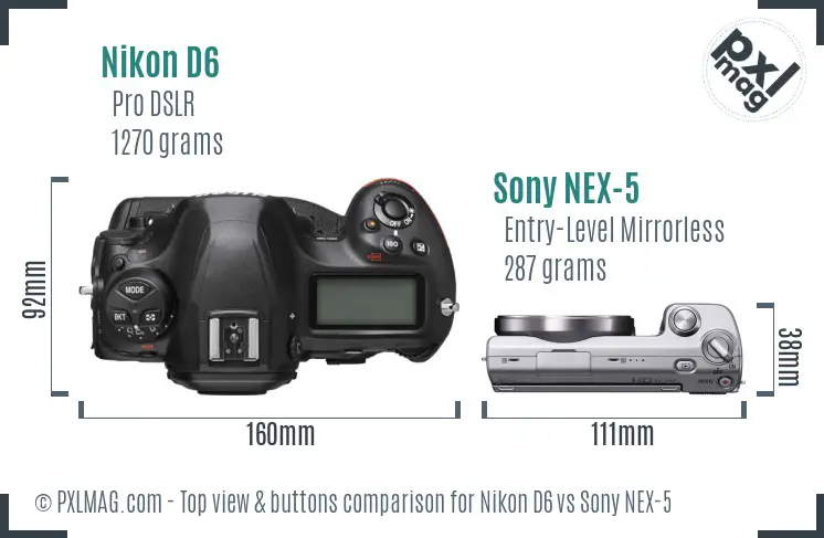 Nikon D6 vs Sony NEX-5 top view buttons comparison