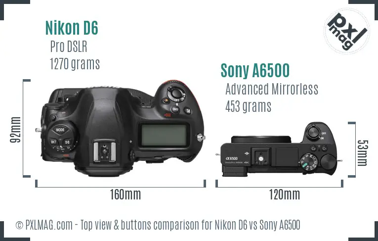 Nikon D6 vs Sony A6500 top view buttons comparison Nikon D6 vs Sony A6500 top view buttons comparison