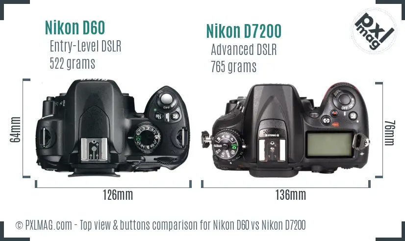 Nikon D60 vs Nikon D7200 top view buttons comparison Nikon D60 vs Nikon D7200 top view buttons comparison