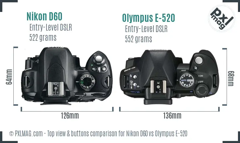 Nikon D60 vs Olympus E-520 top view buttons comparison