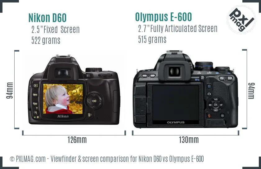 Nikon D60 vs Olympus E-600 Screen and Viewfinder comparison
