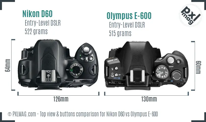 Nikon D60 vs Olympus E-600 top view buttons comparison