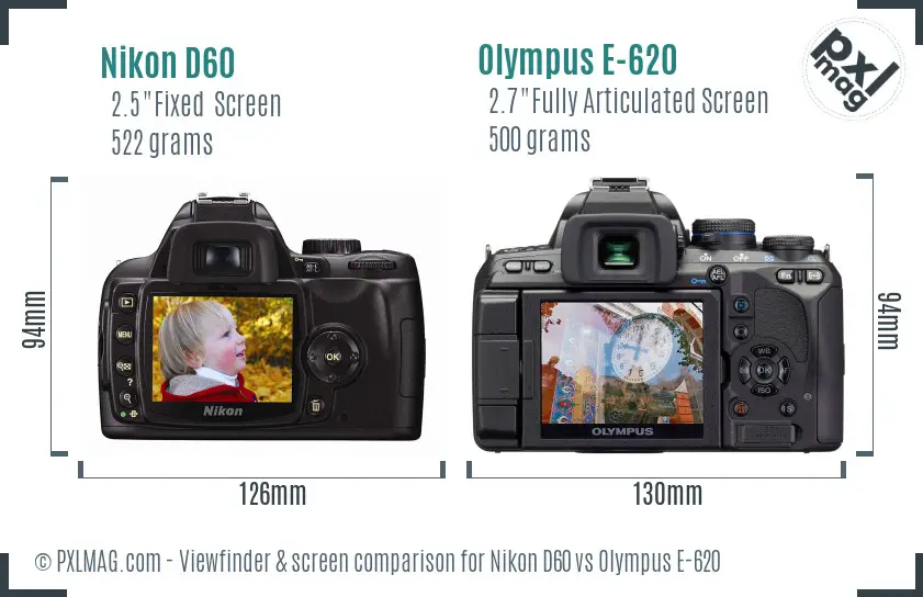 Nikon D60 vs Olympus E-620 Screen and Viewfinder comparison