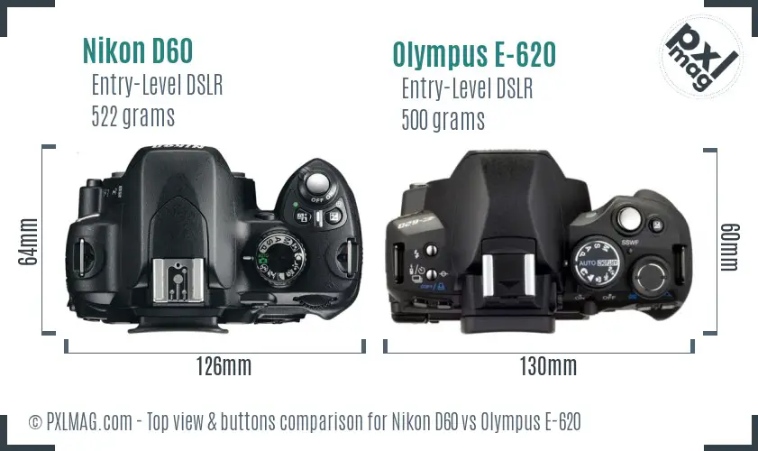 Nikon D60 vs Olympus E-620 top view buttons comparison