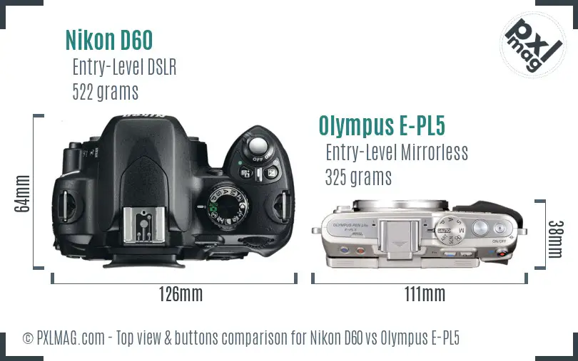 Nikon D60 vs Olympus E-PL5 top view buttons comparison