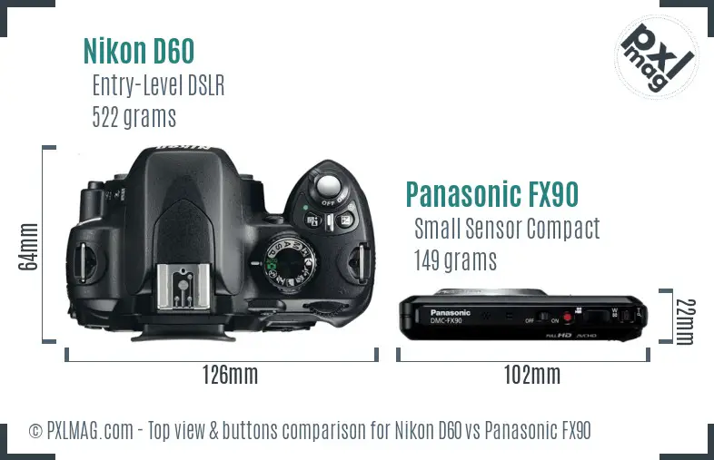 Nikon D60 vs Panasonic FX90 top view buttons comparison