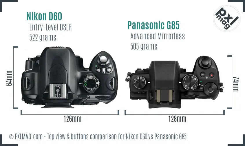 Nikon D60 vs Panasonic G85 top view buttons comparison Nikon D60 vs Panasonic G85 top view buttons comparison