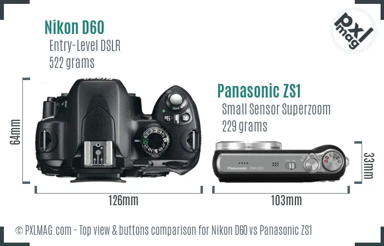 Nikon D60 vs Panasonic ZS1 top view buttons comparison