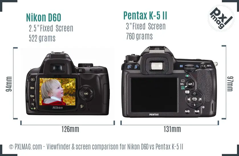 Nikon D60 vs Pentax K-5 II Screen and Viewfinder comparison