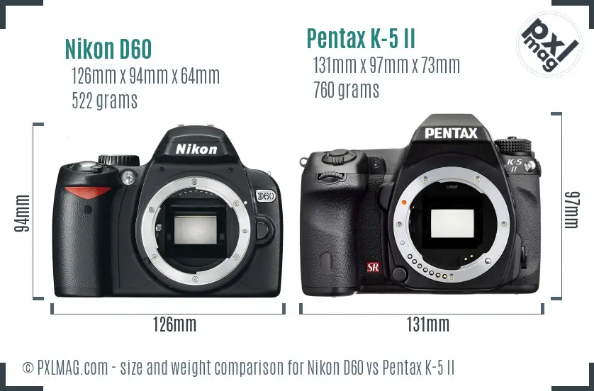 Nikon D60 vs Pentax K-5 II size comparison