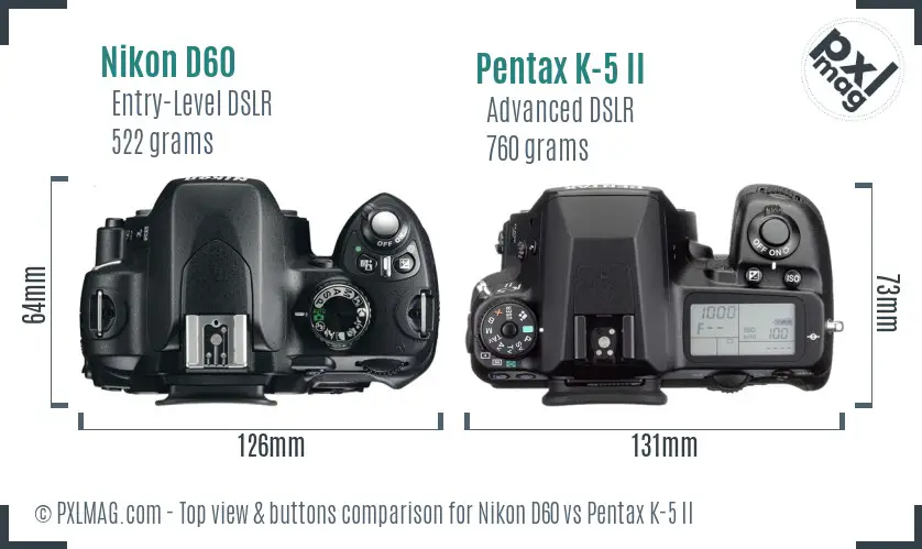 Nikon D60 vs Pentax K-5 II top view buttons comparison