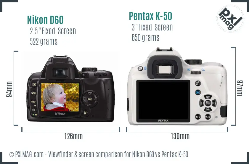 Nikon D60 vs Pentax K-50 Screen and Viewfinder comparison