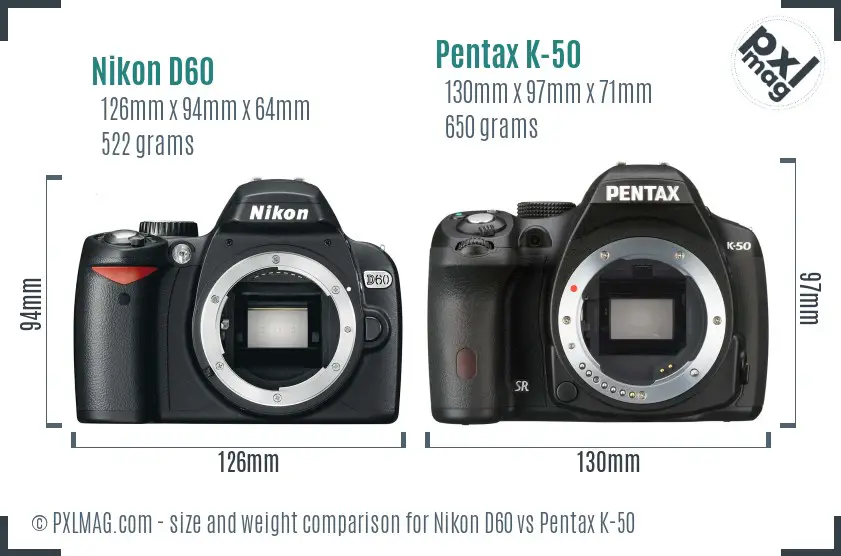 Nikon D60 vs Pentax K-50 size comparison