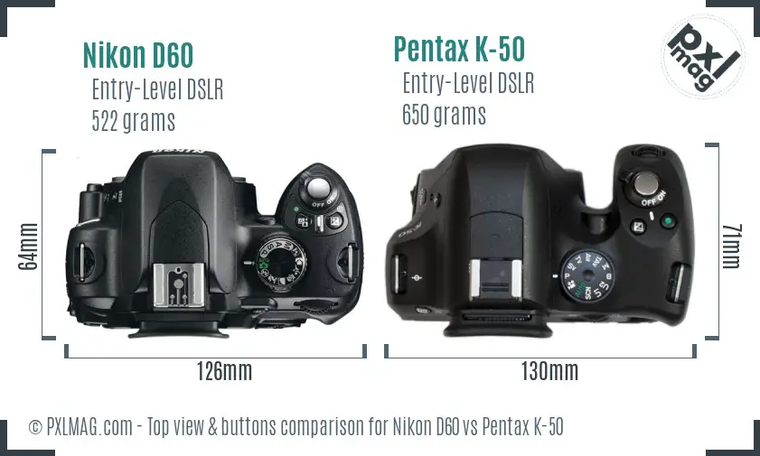 Nikon D60 vs Pentax K-50 top view buttons comparison