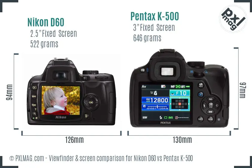Nikon D60 vs Pentax K-500 Screen and Viewfinder comparison