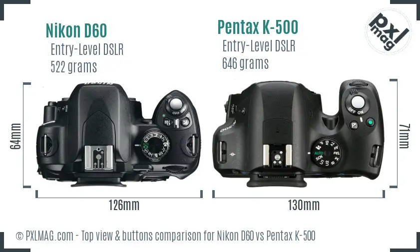 Nikon D60 vs Pentax K-500 top view buttons comparison