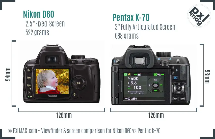 Nikon D60 vs Pentax K-70 Screen and Viewfinder comparison