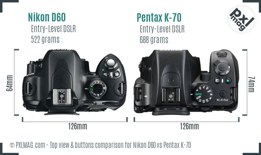 Nikon D60 vs Pentax K-70 top view buttons comparison