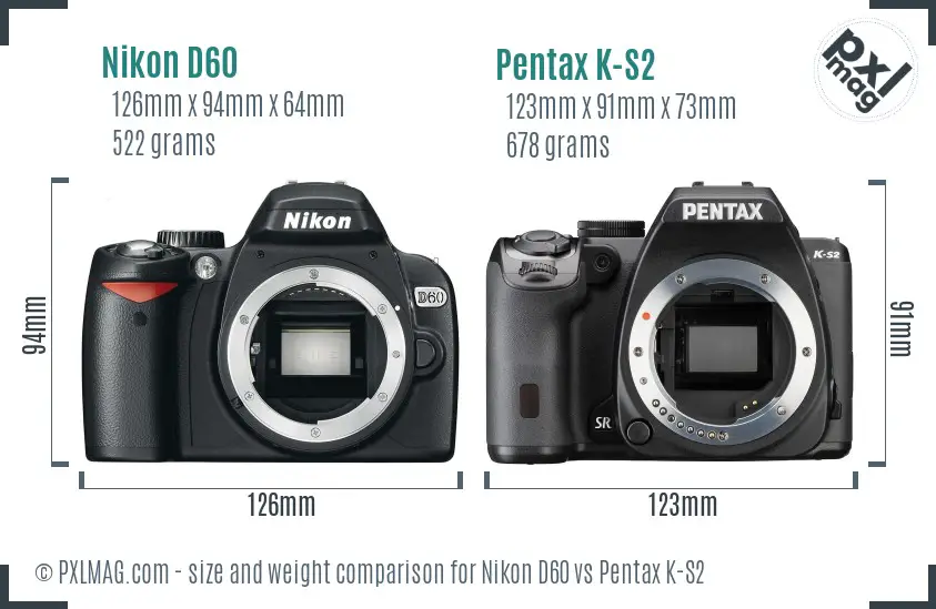 Nikon D60 vs Pentax K-S2 size comparison