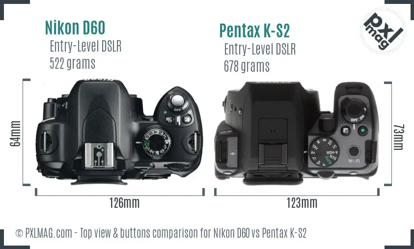Nikon D60 vs Pentax K-S2 top view buttons comparison