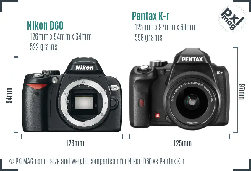 Nikon D60 vs Pentax K-r size comparison