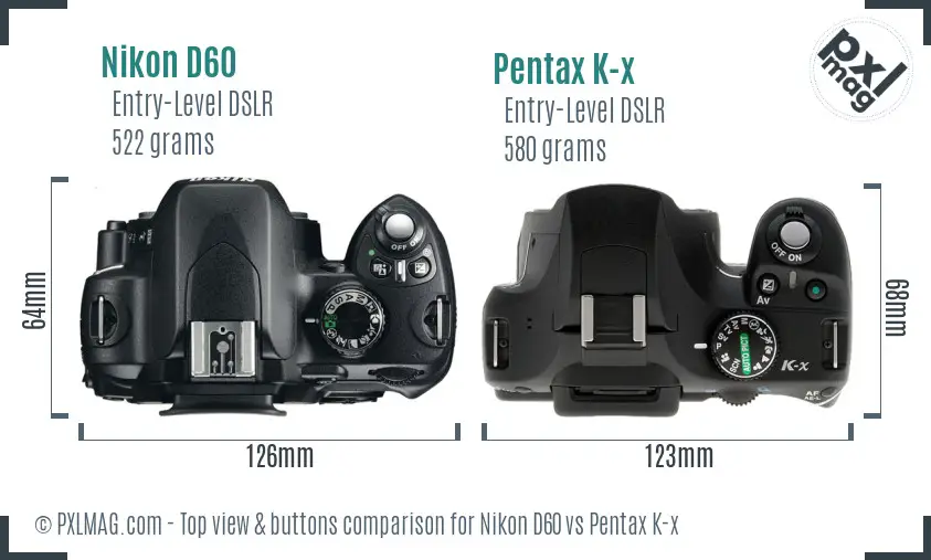Nikon D60 vs Pentax K-x top view buttons comparison