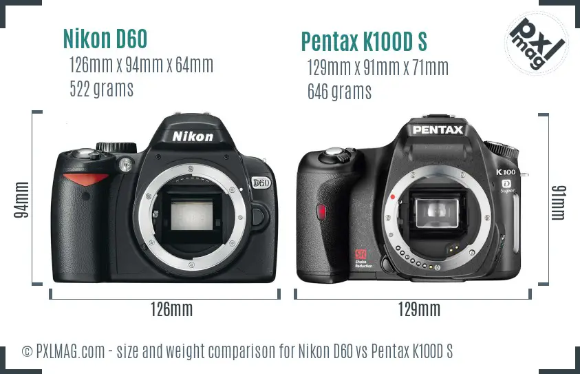 Nikon D60 vs Pentax K100D S size comparison