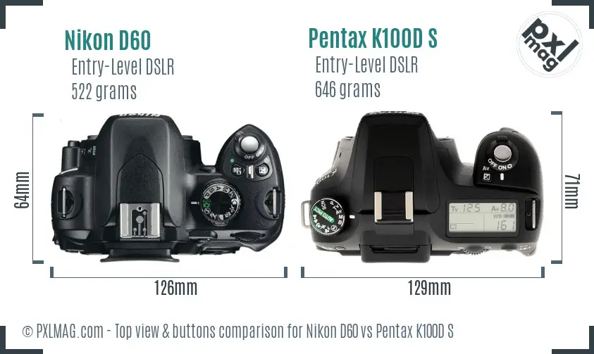 Nikon D60 vs Pentax K100D S top view buttons comparison