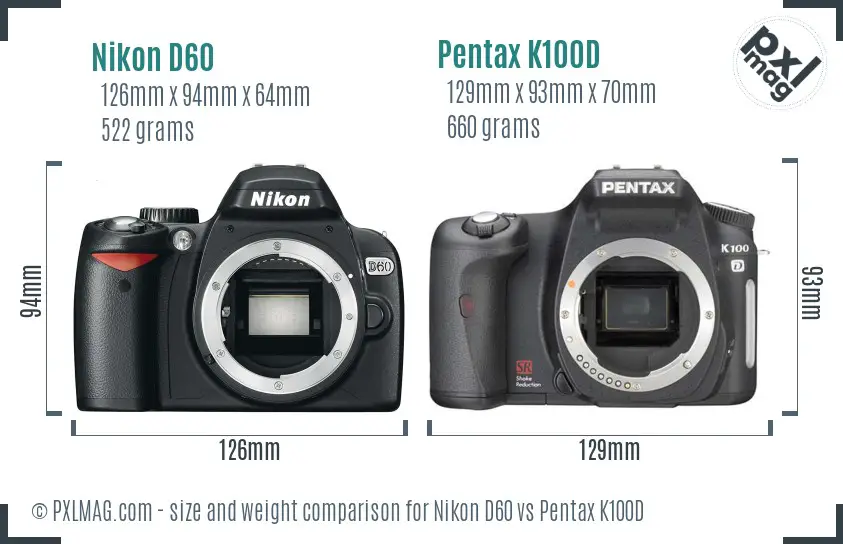 Nikon D60 vs Pentax K100D size comparison