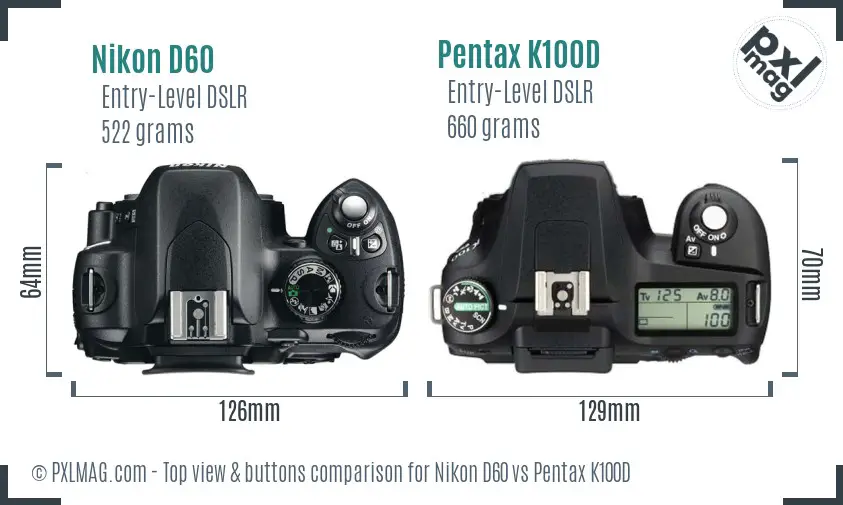 Nikon D60 vs Pentax K100D top view buttons comparison