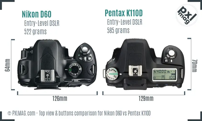Nikon D60 vs Pentax K110D top view buttons comparison