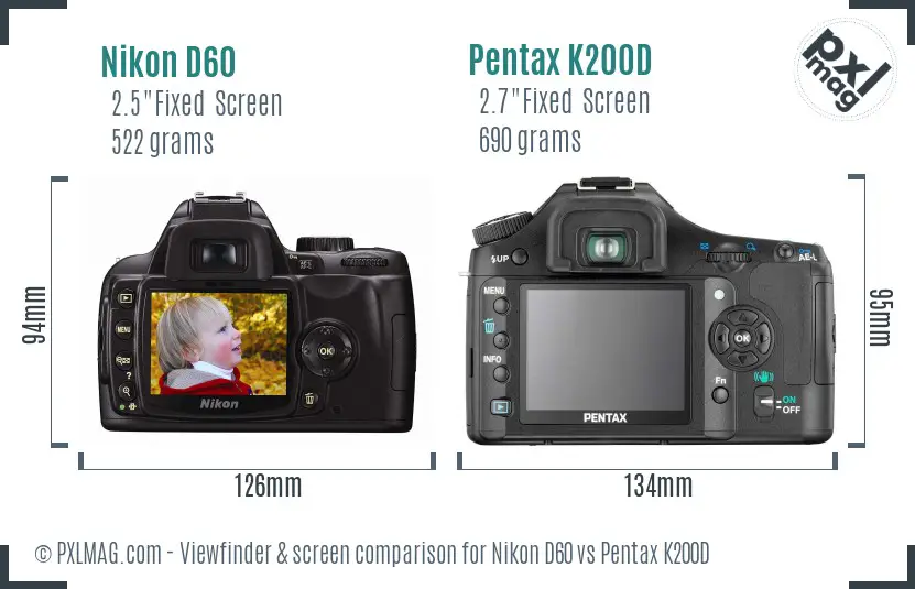 Nikon D60 vs Pentax K200D Screen and Viewfinder comparison
