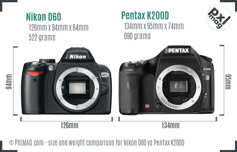 Nikon D60 vs Pentax K200D size comparison
