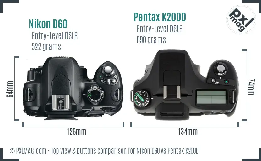Nikon D60 vs Pentax K200D top view buttons comparison
