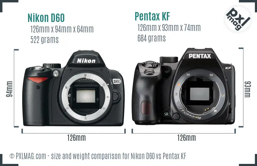 Nikon D60 vs Pentax KF size comparison