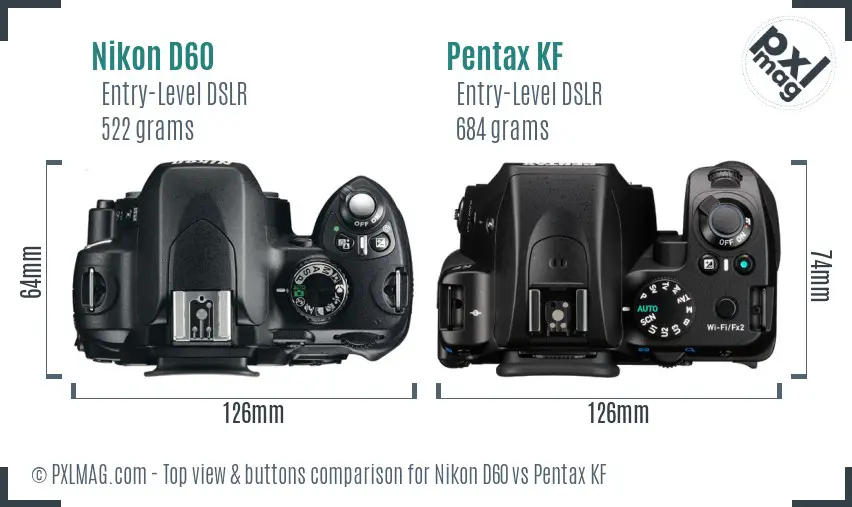 Nikon D60 vs Pentax KF top view buttons comparison