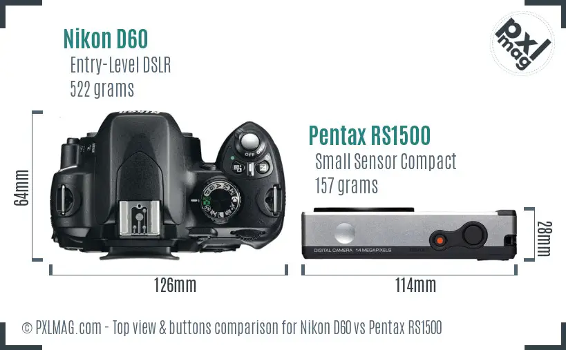 Nikon D60 vs Pentax RS1500 top view buttons comparison