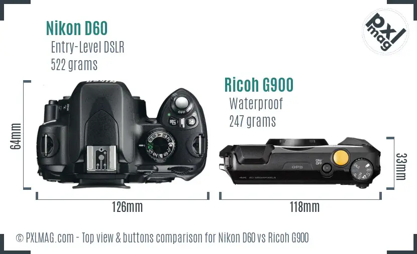 Nikon D60 vs Ricoh G900 top view buttons comparison