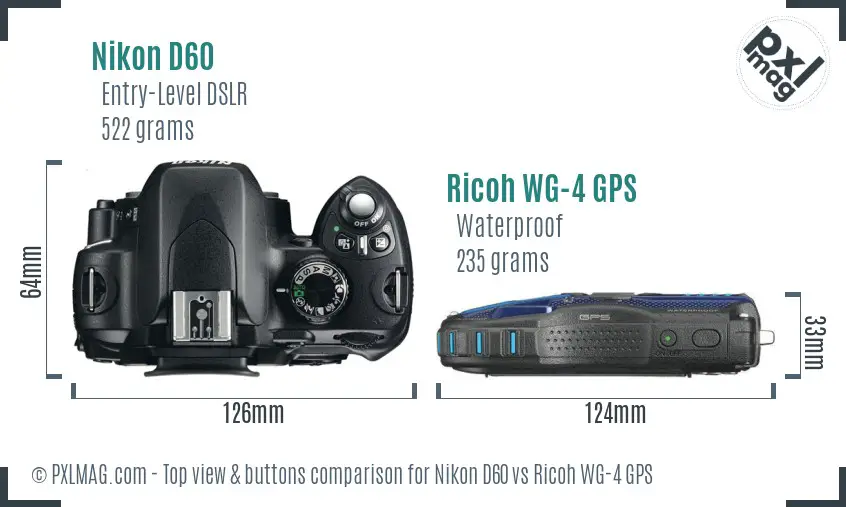 Nikon D60 vs Ricoh WG-4 GPS top view buttons comparison